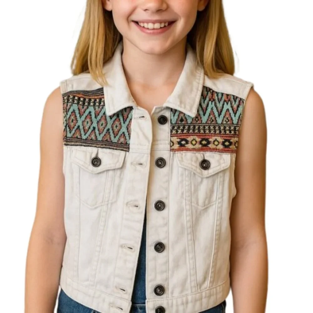 ChiQle Girls White Denim Vest Patched Button Down Collared Size Medium 7/8